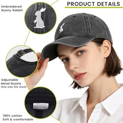Plam Trees Hats Embroidered Washed Cotton Baseball Cap for Men Women Distressed Black Snapback Baseball Hat Adjustable - color: Bunny Rabbit