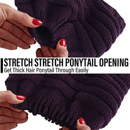 Women's BeanieTail Warm Knit Hat Messy High Bun Ponytail Visor Beanie Cap - color: A-purple, size: Medium