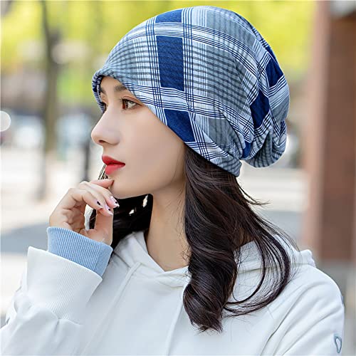 XYIYI Womens Chemo Headwear Hats Cotton Slouchy Beanie Cap Scarf - color: 2pcs Checkered Pink Blue-y