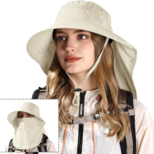 Rosoz Sun Hat for Men Women with Neck Flap& Removable Face Cover Wide Brim - color: 1pack-ivory
