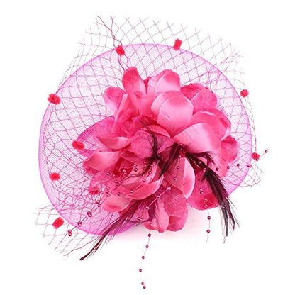 ACTLATI Fascinators Hat for Women Tea Party Headpiece Wedding Cocktail Flower Mesh Feathers Hair Clip 20s Flapper Fascinators - color: A10-rose Red