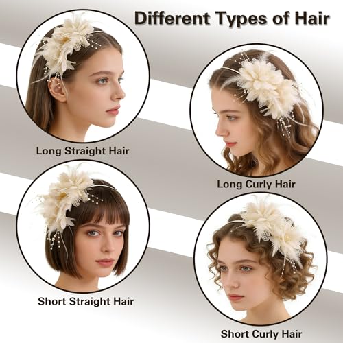 Fascinators for Women Ribbon Feather Tea Party Headwear - color: Th Off White