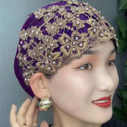 haozaikeji Women Flower Turban Hat Rhinestones Muslim Islamic Head Wrap African Pearl Turban Soft Stretchy Head Cover - color: Purple