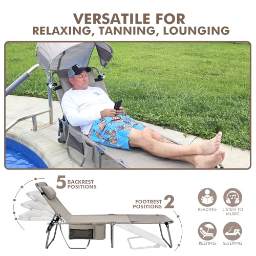Oversized Extra Wide Tanning Chair with Sun Canopy Face Hole Padded Adjustable Washable, Heavy Duty Layout Folding Lounge Chair for Outside Beach Reading Sunbathing, UPF 50+, XL, Plus Size, 330 LBS - color: Beige, size: Oversized