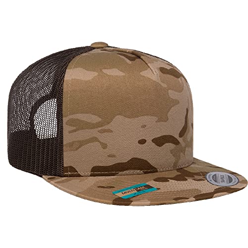 Yupoong 5-Panel YP Classic Trucker Cap | High Profile Flat Visor Snapback - color: Multicam Arid Brown
