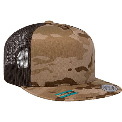 Yupoong 5-Panel YP Classic Trucker Cap | High Profile Flat Visor Snapback - color: Multicam Arid Brown