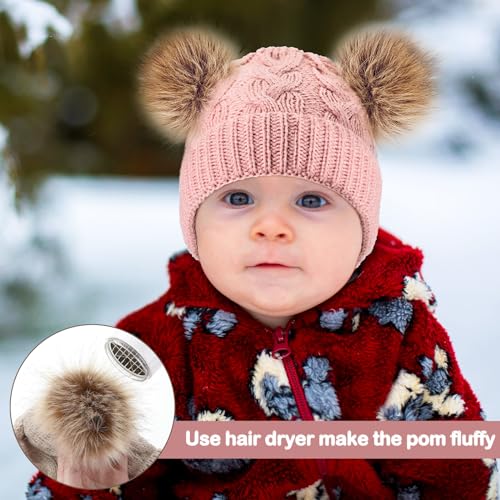 Geyoga 3 Pcs Winter Baby Beanies Double Pompom - color: Black, Light Pink, Khaki