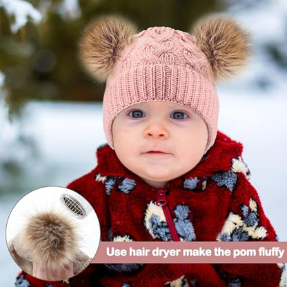 Geyoga 3 Pcs Winter Baby Beanies Double Pompom - color: Black, Light Pink, Khaki