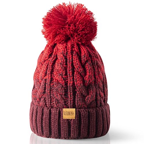 REDESS Women Winter Pompom Beanie Hat with Warm Fleece Lined Thick Slouchy Snow Knit Hat Skull Ski Cap - color: Tone Red