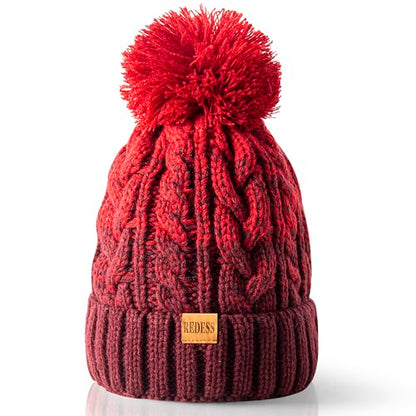 REDESS Women Winter Pompom Beanie Hat with Warm Fleece Lined Thick Slouchy Snow Knit Hat Skull Ski Cap - color: Tone Red