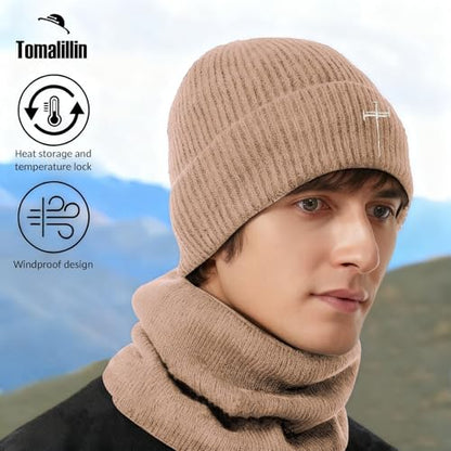 Winter Beanie for Men Women Fleece Lined Beanies Hats Soft Warm Thick Knit Hat - color: Khaki