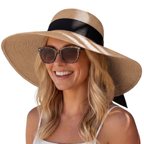 Hat Hut Wide Brim Beach Sun Hat for Women UPF 50+ UV Protection Packable Floppy Straw Hats for Summer - color: Khaki With Lace, size: Medium