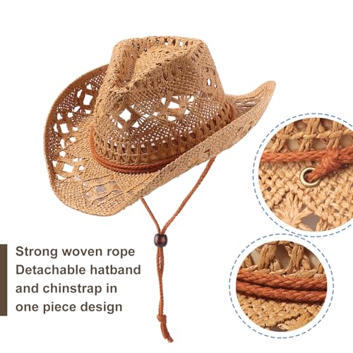AQOKKA Straw Cowboy Hats for Women Men Western Cowgirl Hats with Shapeable Brim Woven Hollow Out Unisex Beach Roll Up Caps - color: Khaki a