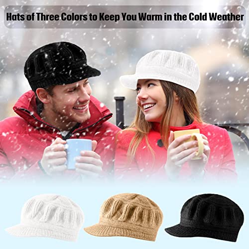 Mepase 3 Pieces Women Warm Hat for Winter Slouchy Beanie Cap with Visor Knitted Newsboy Hats for Women Ski Snow - color: Black, White, Khaki