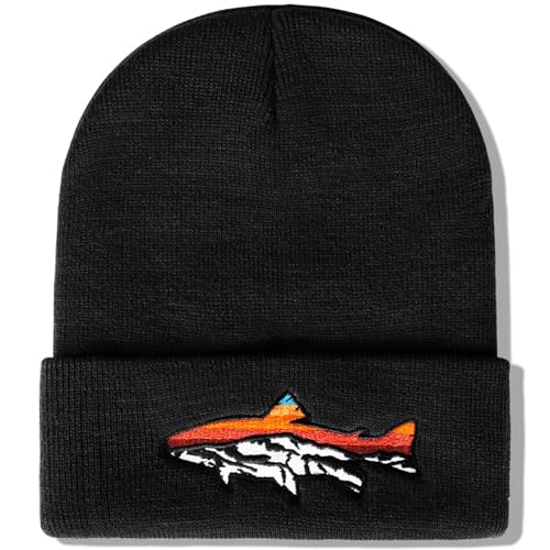 Knit Winter Beanie Hats for Men Women Cuffed Skull Cap with Mountain Embroidery Outdoor Christmas & New Year Gifts - color: Fish/Black