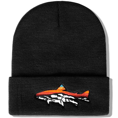 Knit Winter Beanie Hats for Men Women Cuffed Skull Cap with Mountain Embroidery Outdoor Christmas & New Year Gifts - color: Fish/Black