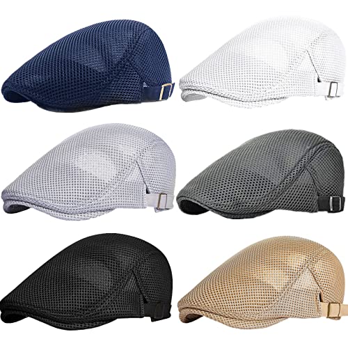 stablerice 4/6 Pieces Men's Mesh Flat Cap Breathable Summer Newsboy Hat for Men Ivy Cap Cabbie Flat Cap Boinas para Hombre - color: Black, Light Grey, White, Khaki, Dark Grey, Blue