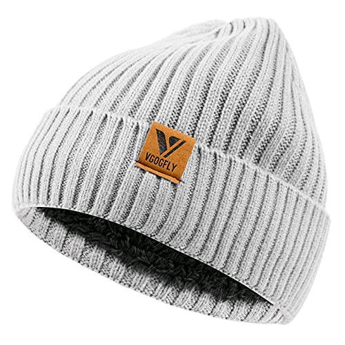 Vgogfly Lined Men Beanie Slouchy Knit Skull Cap Warm Stocking Hats Guys Women Striped Winter Beanie Hat - color: Light Grey
