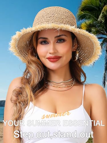 LA CARRIE Womens Sun Hat Floppy Packable Wide Brim UV Protection UPF 50+ Straw Hat with Fringe for Summer Beach - color: Khaki