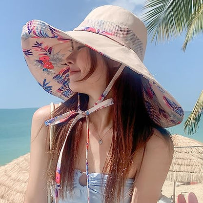 6" Extra Wide Brim Sun Hats UPF 50+ UV Protection Packable Beach Hat Strap Women - color: Beige