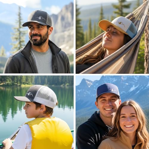 LINDO Trucker Hat [ Great Outdoors Design ] for Men and Women: Mid Profile Cap with Breathable Mesh Back and Adjustable Snap - color: Timber/Black