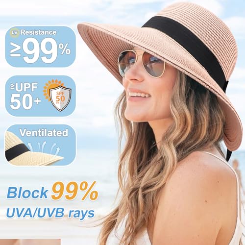 DRESHOW Sun Hats for Women Travel Fedora Foldable Beach Sun Hat Summer Wide Brim Straw Bucket Hat with Bowknot UPF 50+ - color: 1 Pack With Bowknot: Nude Pink