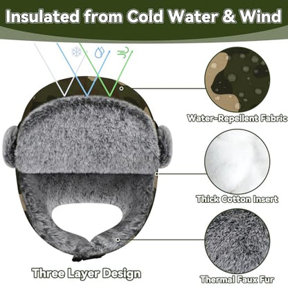 Olreco Waterproof Toddler Winter Hat Warm Fur Fleece Baby Boy Winter Hat Kids Snow Hats Girls Boys Trapper Hats with Earflaps - color: Waterproof Woodland Camo With Grey Fur, size: 2-5T