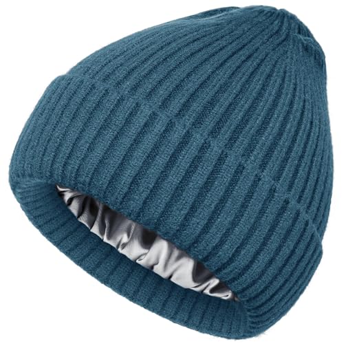 Satin Lined Wool Acrylic Blend Beanie Hat Women Men, Winter Knit Cap - color: Denim Blue