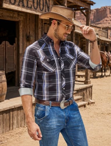 COOFANDY Men's Western Cowboy Shirts Casual Button Down Shirt Long Sleeve - color: Dark Blue Plaid, size: Medium