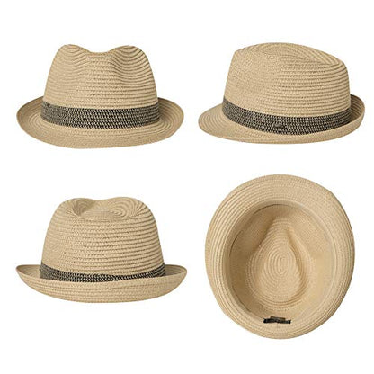 Fancet Packable Straw Fedora Panama Sun Summer Beach Hat Cuban Trilby Men Women 56-67cm - color: Beige-black, size: Large