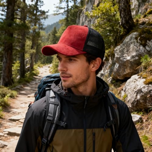 Trucker Hat Men Blank Mesh Suede Baseball Cap for Men and Women Baseball Hat 5-Panel Trucker Hat for Hunting & Hiking - color: Red
