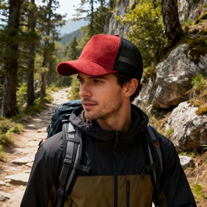 Trucker Hat Men Blank Mesh Suede Baseball Cap for Men and Women Baseball Hat 5-Panel Trucker Hat for Hunting & Hiking - color: Red