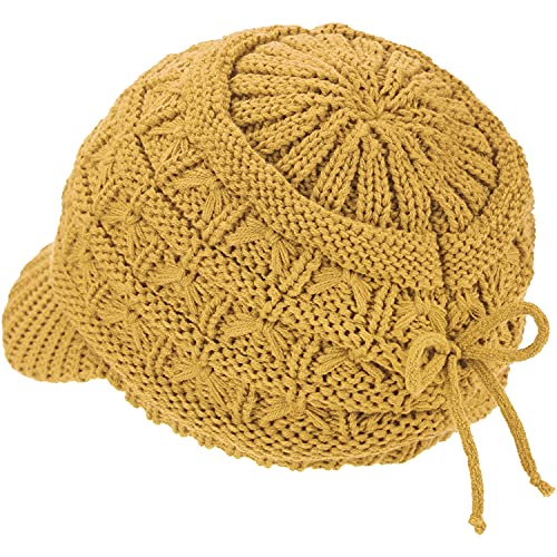 BYOS Womens Winter Chic Cable Warm Fleece Lined Crochet Knit Hat W/Visor Newsboy Cabbie Cap - color: Basket Woven-mustard Yellow