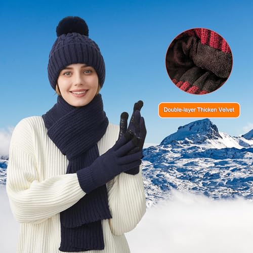 HUAMULAN Women Winter Knit Beanie Hat Circle Scarf Set Pompoms Ear Flaps - color: Navy With Scarf and Gloves