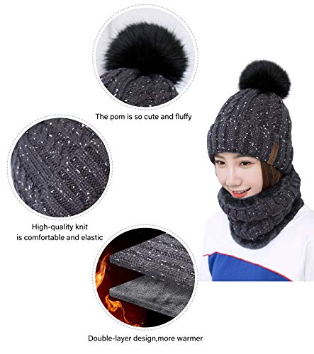 IYEBRAO Womens Winter Knit Beanie Hat and Scarf Set Girls Cute Slouchy Thick Fleece Lined Ski Hat Warm Skull Cap with Pom - color: Dark Grey