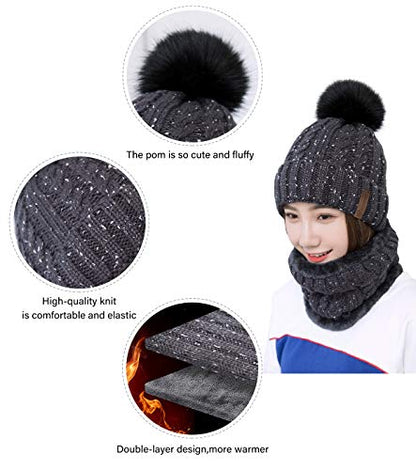 IYEBRAO Womens Winter Knit Beanie Hat and Scarf Set Girls Cute Slouchy Thick Fleece Lined Ski Hat Warm Skull Cap with Pom - color: Dark Grey