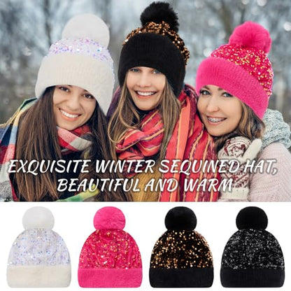4 Pcs Sequin Pom Pom Beanie Winter - color: Black, Rose Red, White, Gold