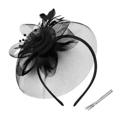 Womens Fascinators Mesh Hats Tea Party Hats for Women Feather Veil Headband - color: Black