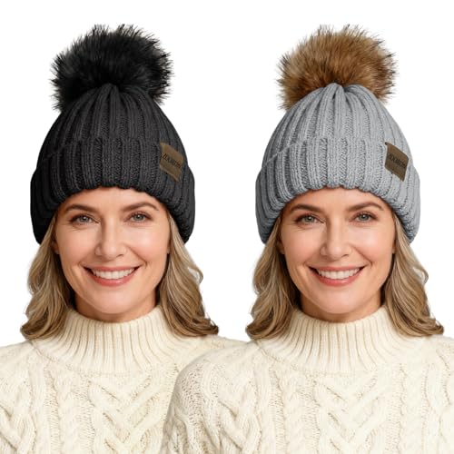 ZOORON Beanies for Womens Winter Knitted Beanies Hats with Faux Fur Pom Warm Knit Skull Cap - color: 2pack-black+light Gray