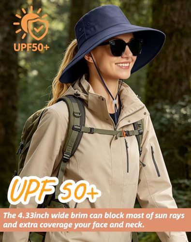 Rosoz Women Sun Hat with Ponytail Hole Wide Brim Bucket Hats UPF 50+ Beach Hiking Gardening Hat Water-Resistant Outdoot Hat - color: Navy Blue