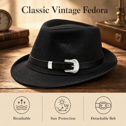 Classic Fedora Hat for Men Women Short Brim Panama Summer Beach Hat Accessories with Belt Buckle - color: Black, size: Large-X-Large
