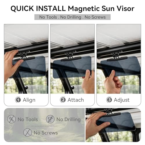 2-Pack Magnetic Sun Visor for UTV & Golf Cart, Polarized Anti-Glare Adjustable Sunshade, Tool-Free Fit for Polaris Ranger/Defender, Can-Am, Uforce 1000, EZGO with Metal Roof/Crossbars,13.39" × 7.8"