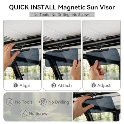 2-Pack Magnetic Sun Visor for UTV & Golf Cart, Polarized Anti-Glare Adjustable Sunshade, Tool-Free Fit for Polaris Ranger/Defender, Can-Am, Uforce 1000, EZGO with Metal Roof/Crossbars,13.39" × 7.8"