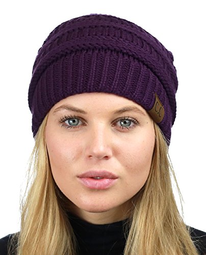 C.C Unisex Chunky Soft Stretch Cable Knit Warm Fuzzy Lined Skully Beanie - color: Purple