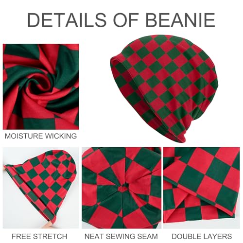 Slouchy Beanie Hat Skull Cap Chemo Headwear Baggy Hats for Men Women Running Cycling - color: Red Green Checkered