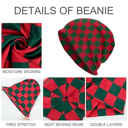 Slouchy Beanie Hat Skull Cap Chemo Headwear Baggy Hats for Men Women Running Cycling - color: Red Green Checkered