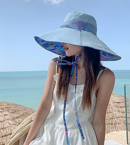 HUAMULAN Wide Brim Women Summer Sun Floppy Hat Reversible Beach Bucket Hat - color: M2446-blue