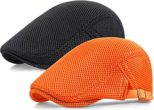 2 Pack Men's Mesh Cap Breathable Summer Newsboy Hat Adjustable Beret Ivy Cap Irish Cabbie Driving Hunting Hats - color: Black/Orange