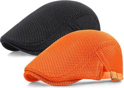 2 Pack Men's Mesh Cap Breathable Summer Newsboy Hat Adjustable Beret Ivy Cap Irish Cabbie Driving Hunting Hats - color: Black/Orange