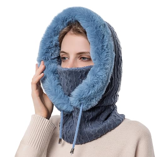 Women’s Knitted Beanie Hat with Face Cover - 3 in 1 Winter Balaclava with Mask Scarf Ear Muffs Pompom Fleece Lined Snow Caps - color: Blue-c